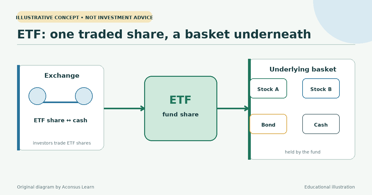 An ETF share trades on an exchange while representing an interest in a basket.