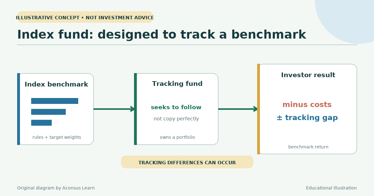 An index fund seeks to track a benchmark, with costs and a possible tracking gap.