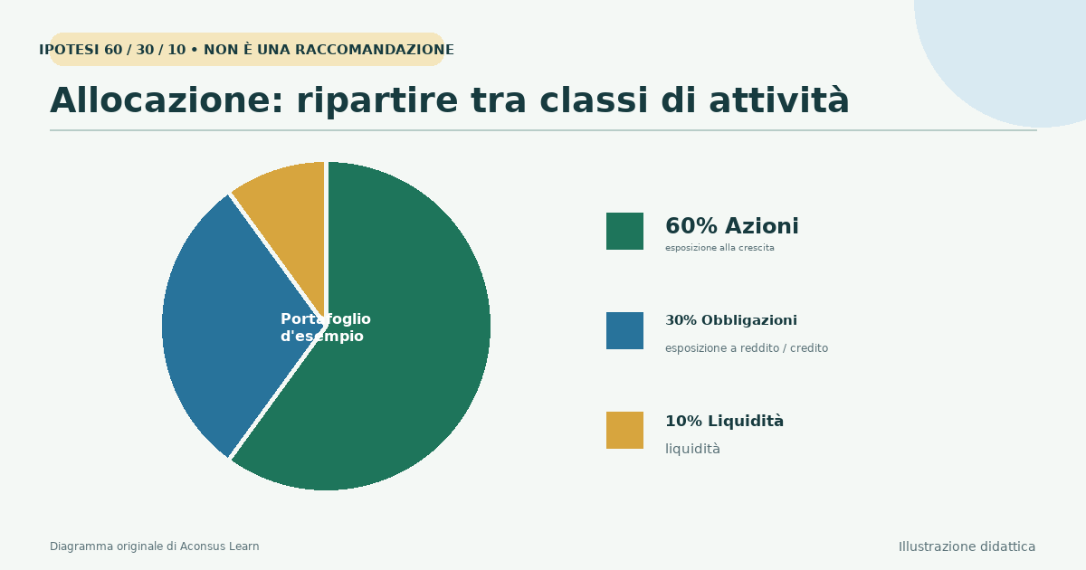 Un cerchio di portafoglio suddiviso tra azioni, obbligazioni e liquidità