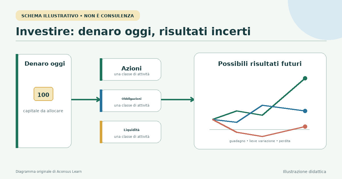 Flusso di capitale presente attraverso un insieme diversificato di asset verso risultati futuri incerti