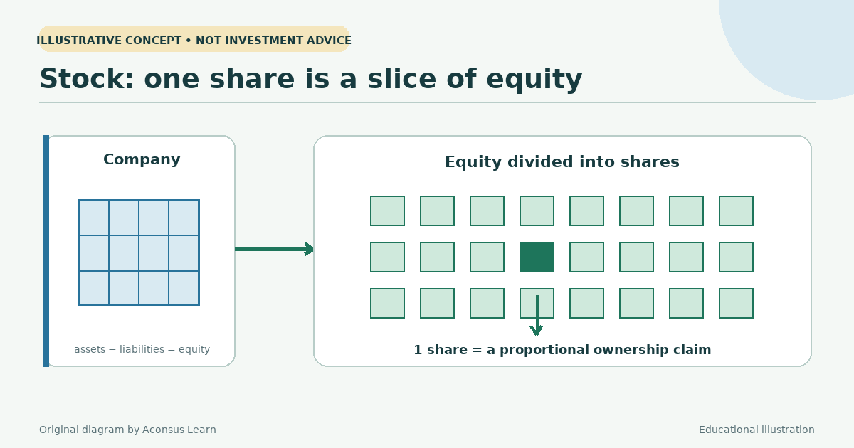 A stock share is one small slice of a company's equity.