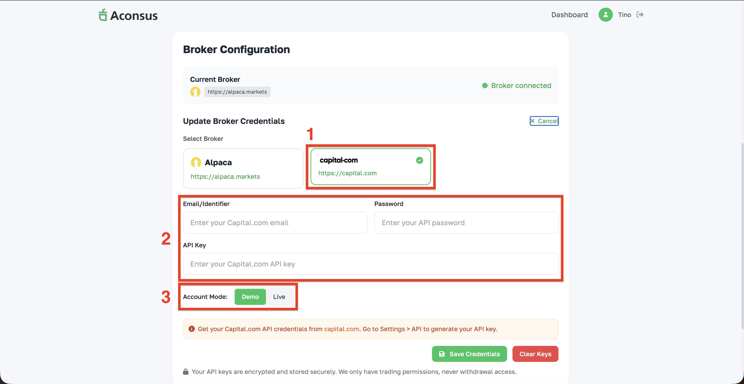 Aconsus Settings - Capital.com Configuration