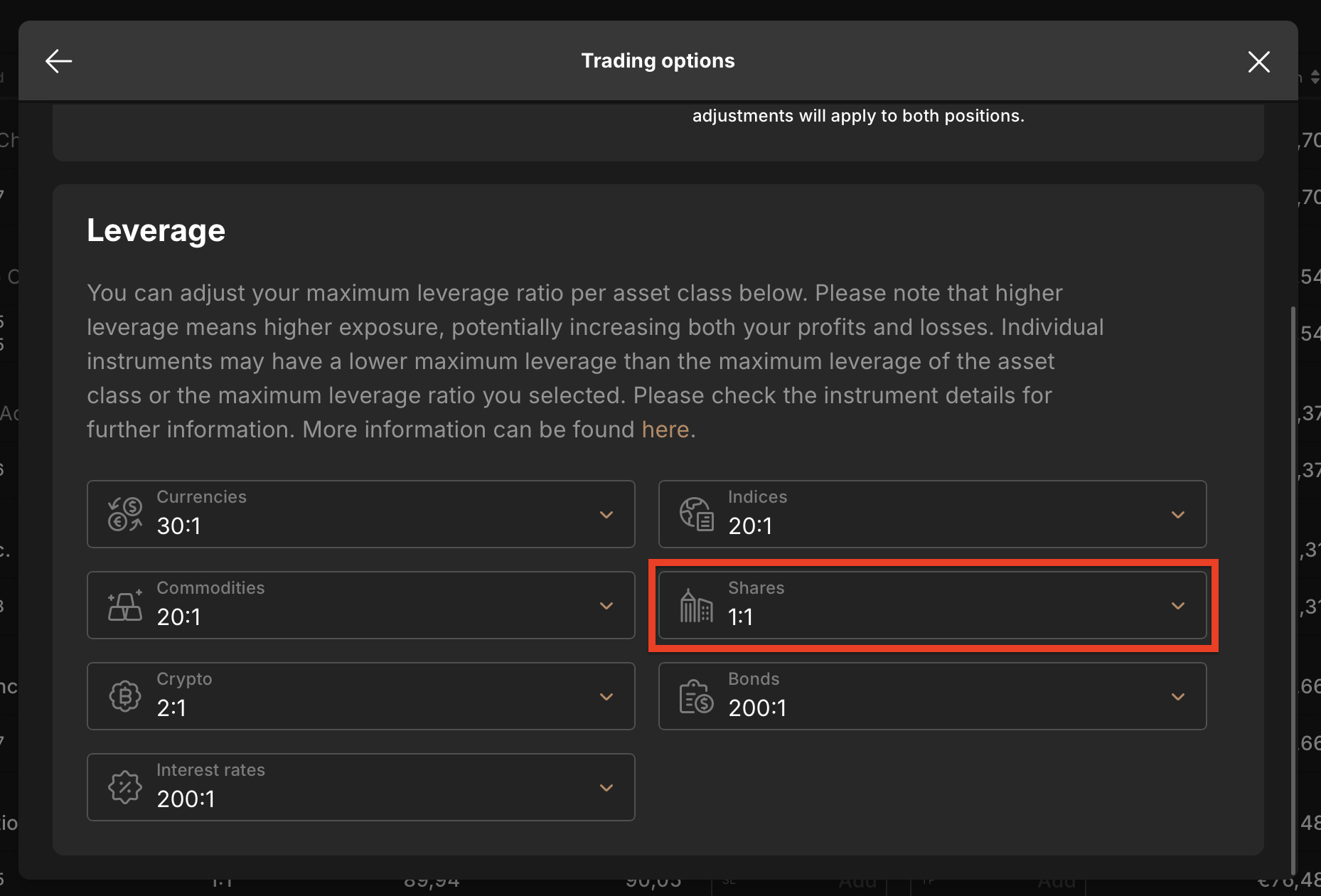 Capital.com Leverage 1:1 Setting